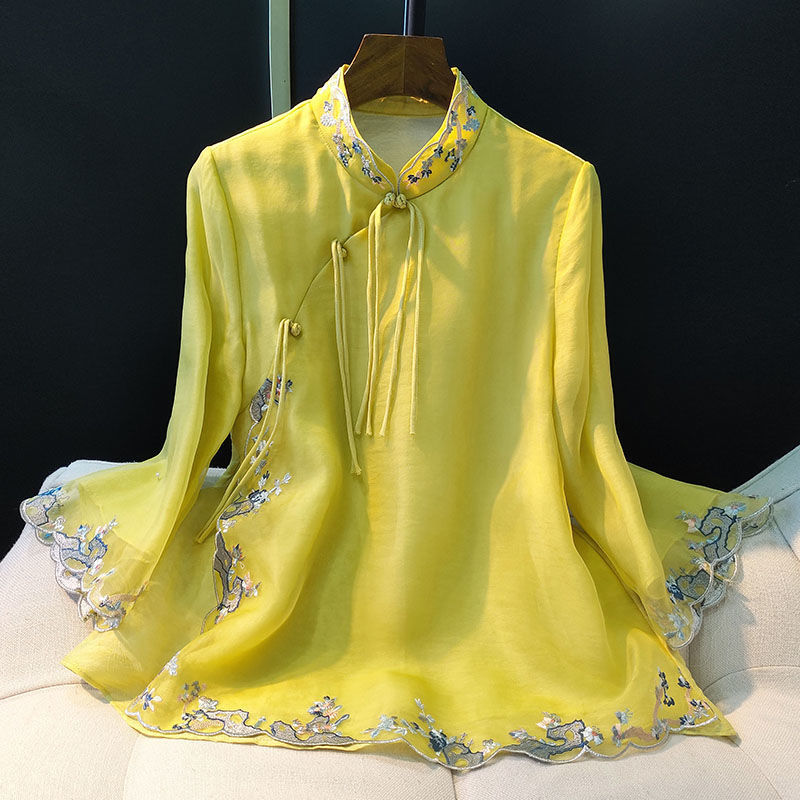 中国风女装绣花短款上衣2023年春季新款复古盘扣仿衬衫汉服潮