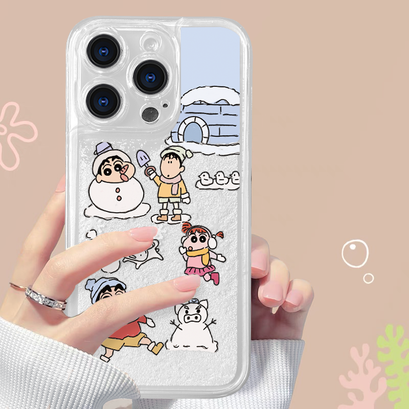 适用iphone15小新堆雪人14创意13保护套12网红女款透明流沙壳潮流