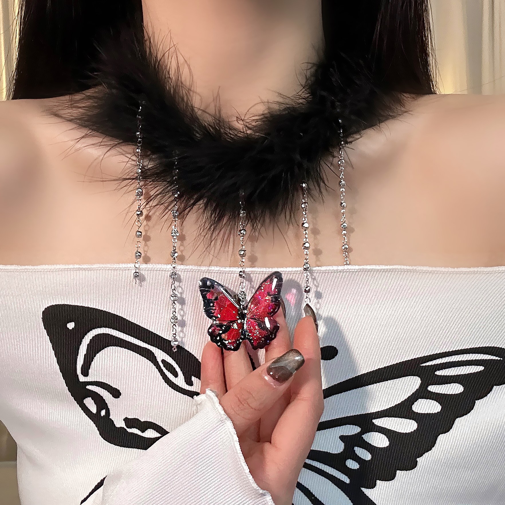 非金属羽毛项链 X2825-1时尚甜美毛绒流苏蝴蝶项链气质超仙设计感