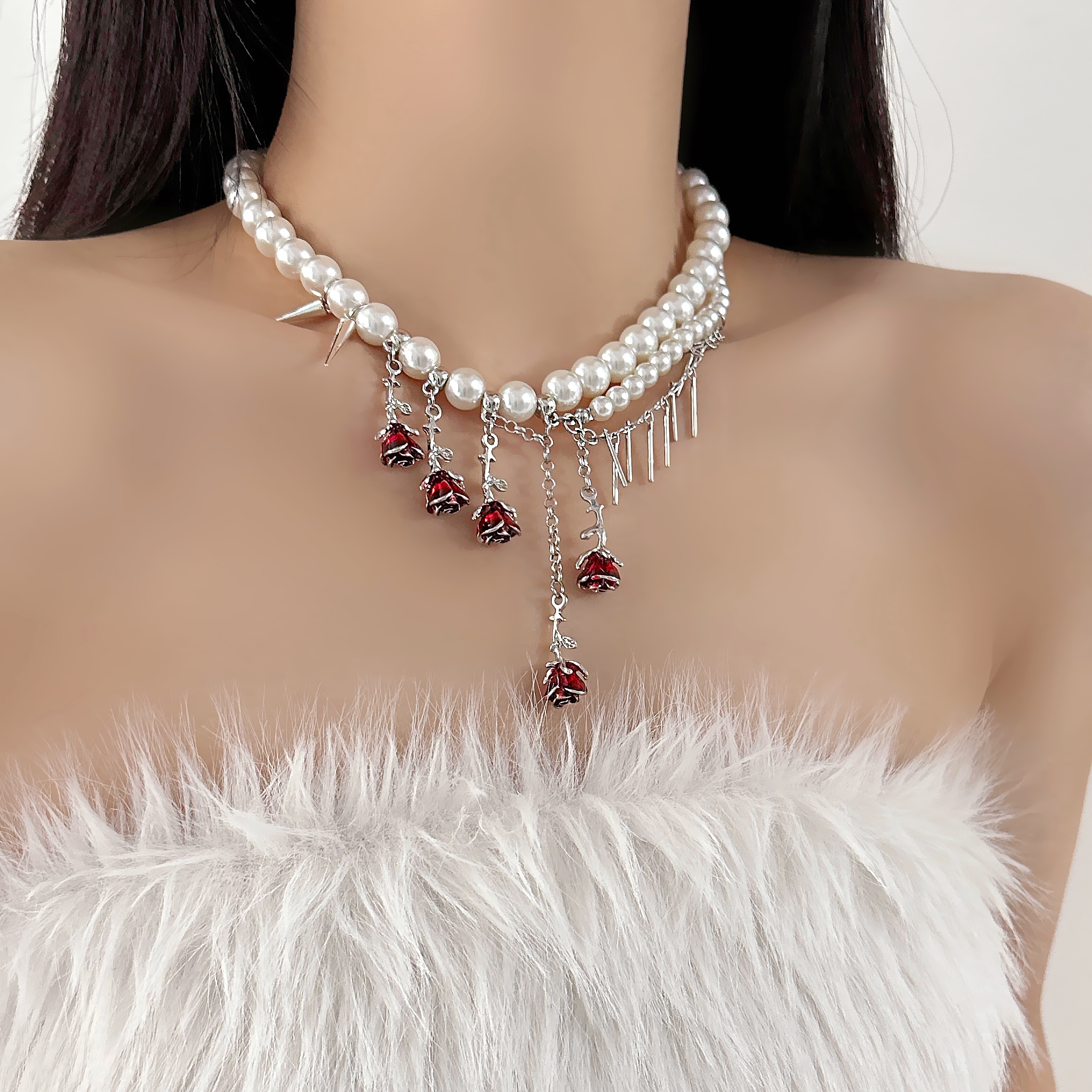 合金亚克力项链 X2936-1轻奢气质小众立体玫瑰串珠项链时尚百搭