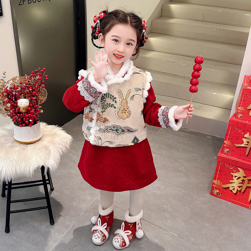 女童红色唐装2023冬装儿童洋气加厚中国风套装裙女宝宝冬季拜年服