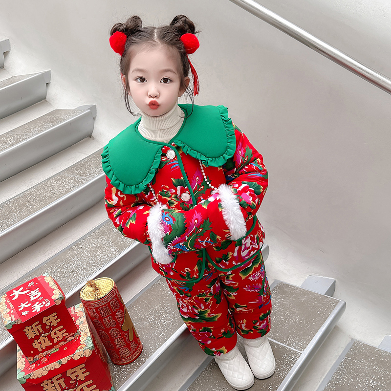 土潮女童东北大花套装2023冬季小童拜年服女宝宝棉衣棉裤新年衣服