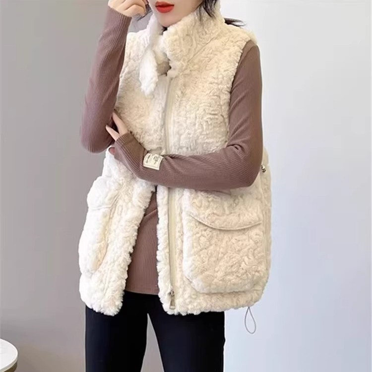 2023秋冬新款羊羔毛马甲女韩版百搭显瘦皮毛一体坎肩加厚立领外套