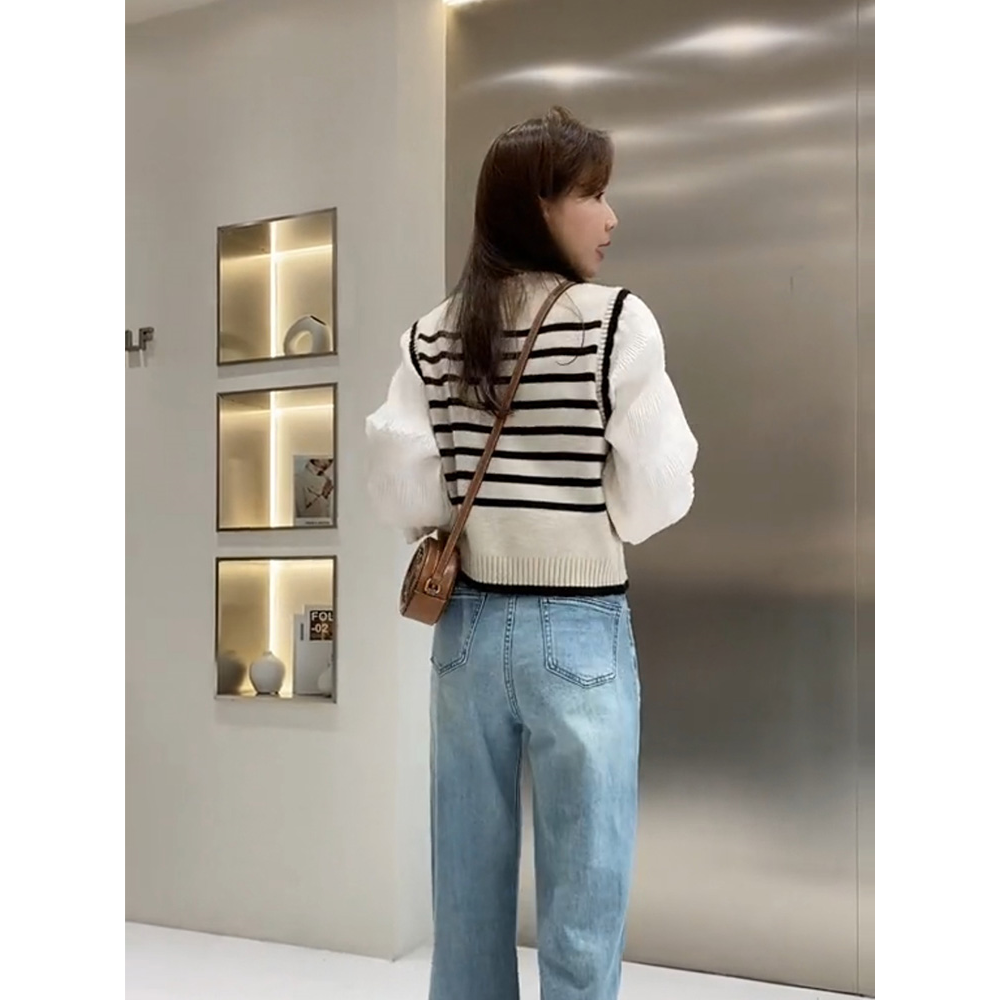 条纹针织衫女2023年春季高级感拼接泡泡袖欧货假两件毛衣外穿上衣