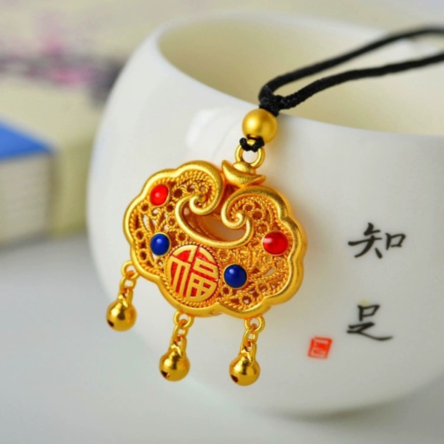 金色复古滴油百搭平安祥云锁手工编绳项链8829