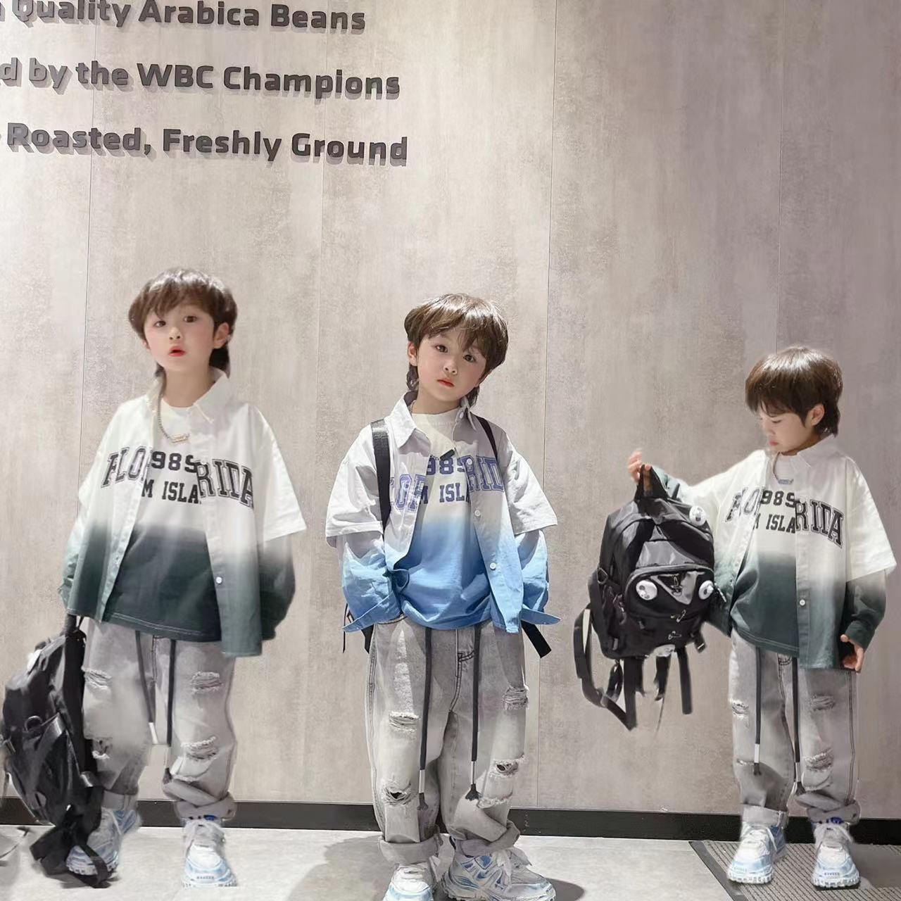 【乐乐家】2023春秋款新款男孩女孩衬衫两件套渐变色时尚