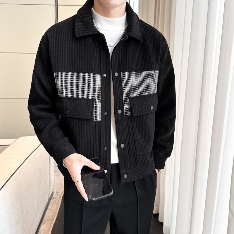 简约工装休闲 秋冬新款男士潮流帅气毛呢加棉夹克纯色百搭外套男