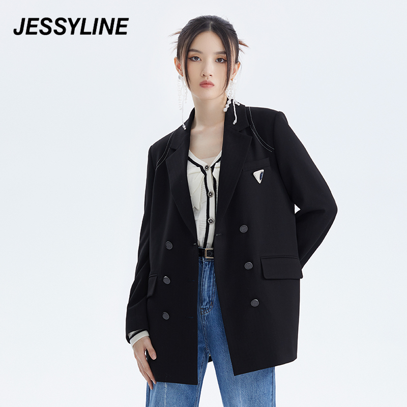 秋季新款 jessyline杰茜莱黑色中长款西装外套设计感小众休闲高级