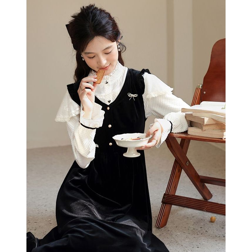 《套装》法式丝绒连衣裙两件套复古宫廷赫本风木耳衬衫秋冬两件套