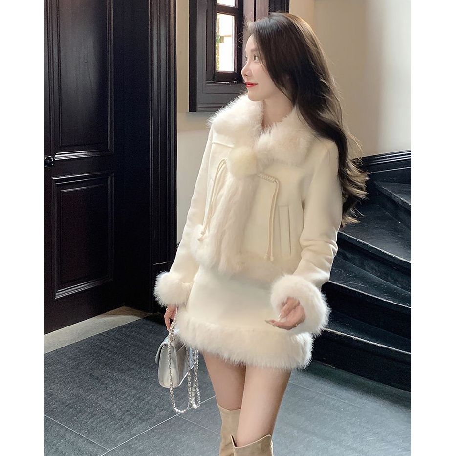 【冰岛雪芙】新中式千金风毛毛外套半裙套装新款氛围感气质两件套