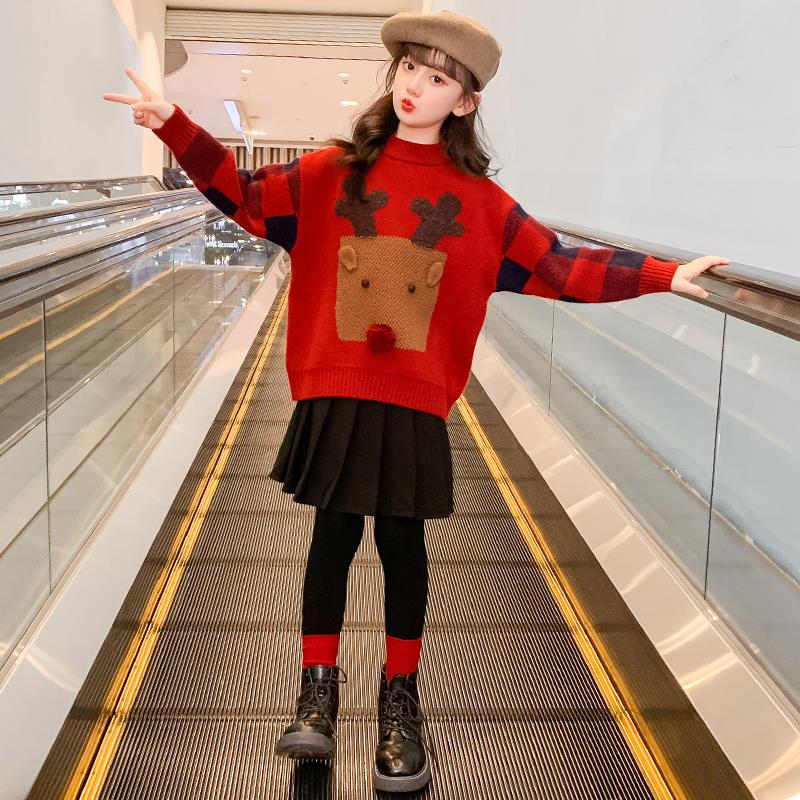 女童毛衣圣诞2023新款秋冬洋气加厚加绒打底衫儿童女孩红色针织衫