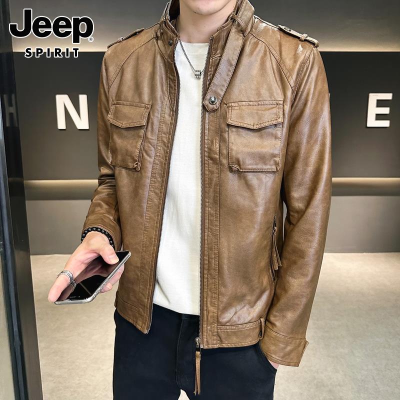 Jeep吉普皮衣男士秋季潮牌立领休闲上衣服机车工装皮夹克外套男装