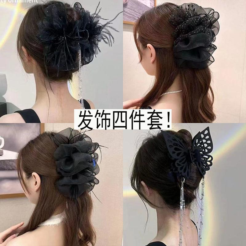 ins风羽毛网纱蝴蝶结流苏抓夹女后脑勺盘发鲨鱼夹发饰