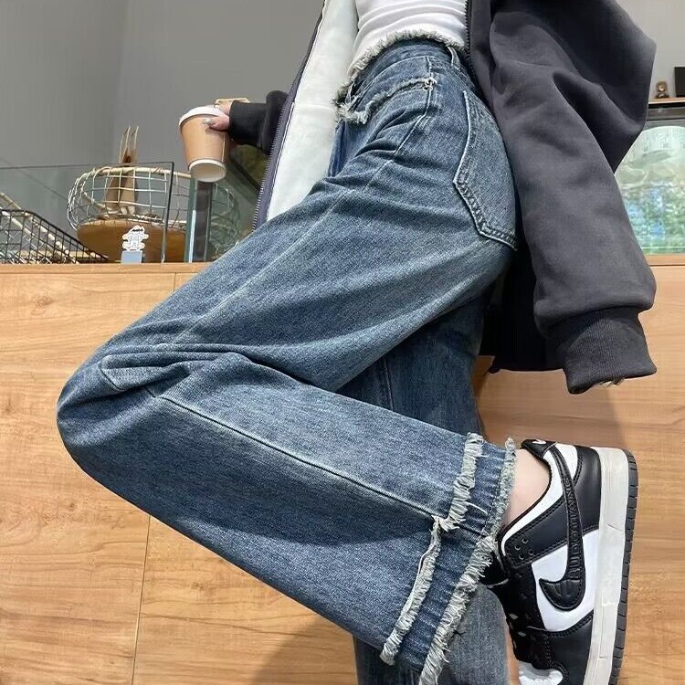 直筒毛边牛仔裤女春季梨形身材高腰宽松显瘦小个子垂感阔腿拖地裤