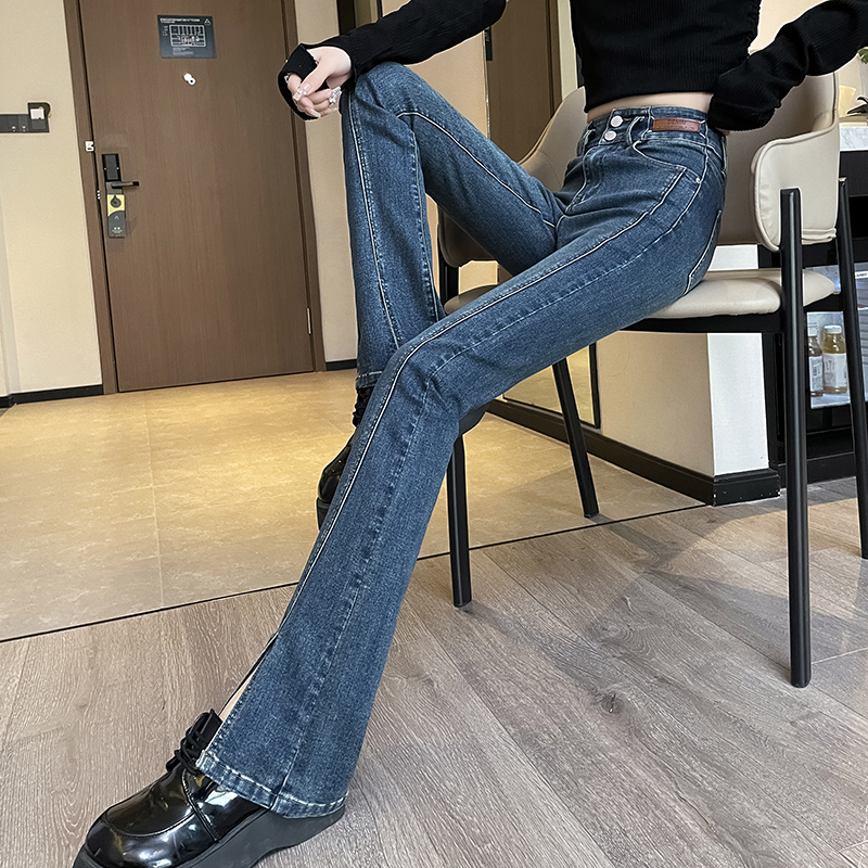 黑色微喇牛仔裤女2023年春秋季高腰修身显瘦弹力外穿加长喇叭裤子
