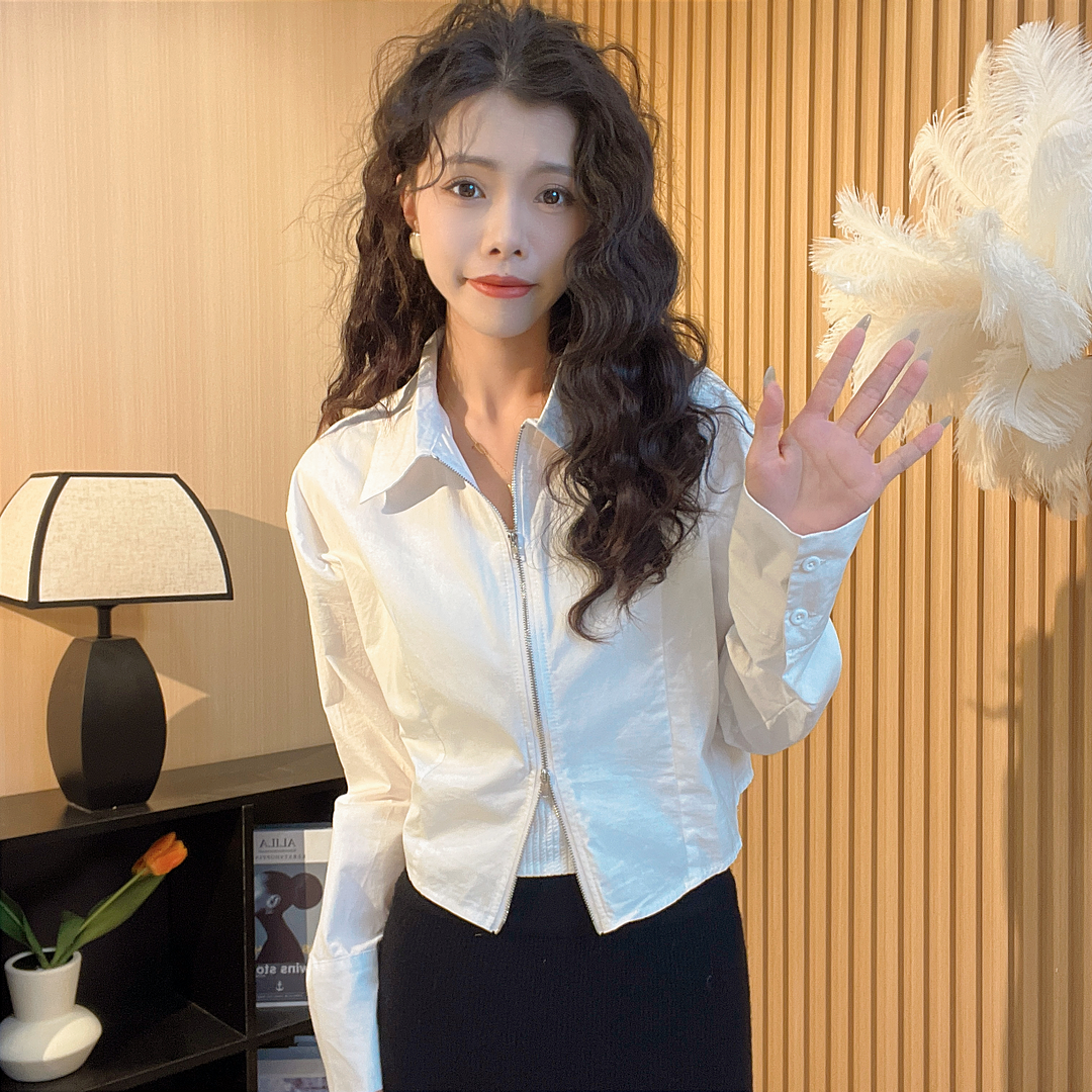 秋装2023年新款白色拉链衬衫女设计感小众衬衣法式宽松小衫上衣