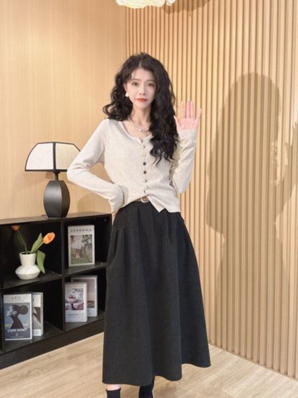 百搭显瘦A字半身裙2023秋冬新款中长款韩版裙子长款百褶裙#8827