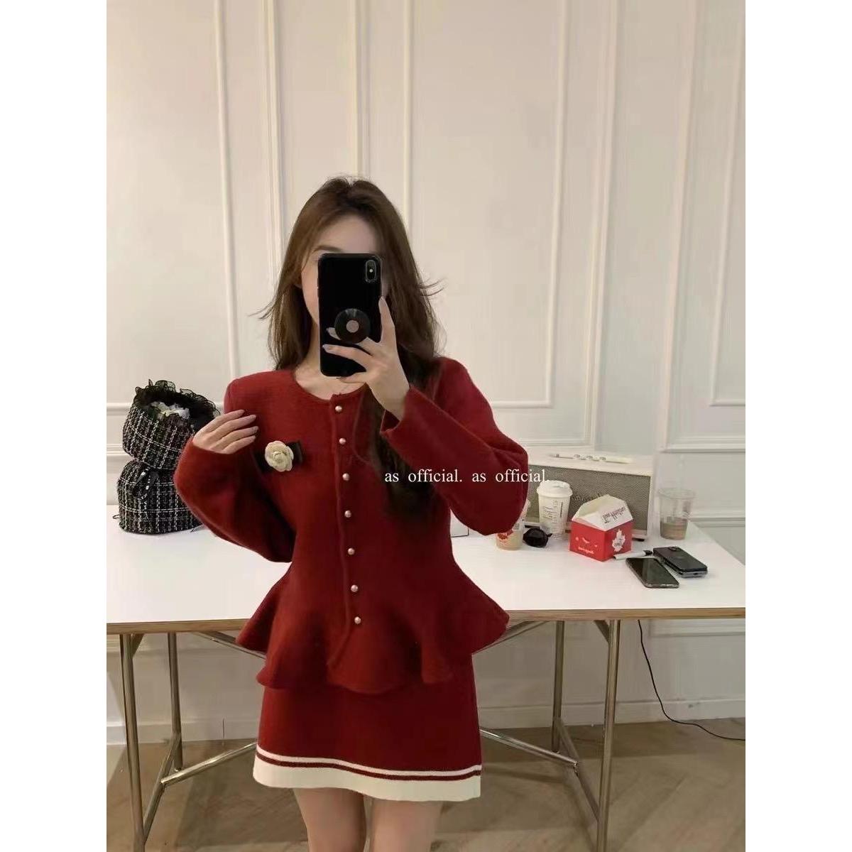 2023年冬季新款毛衣套装韩版 针织软糯红色上衣+半身裙 两件套女