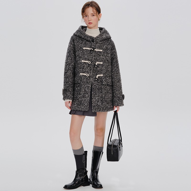 designer plus 灰色羊毛外套女小个子中长款毛呢连帽牛角扣大衣