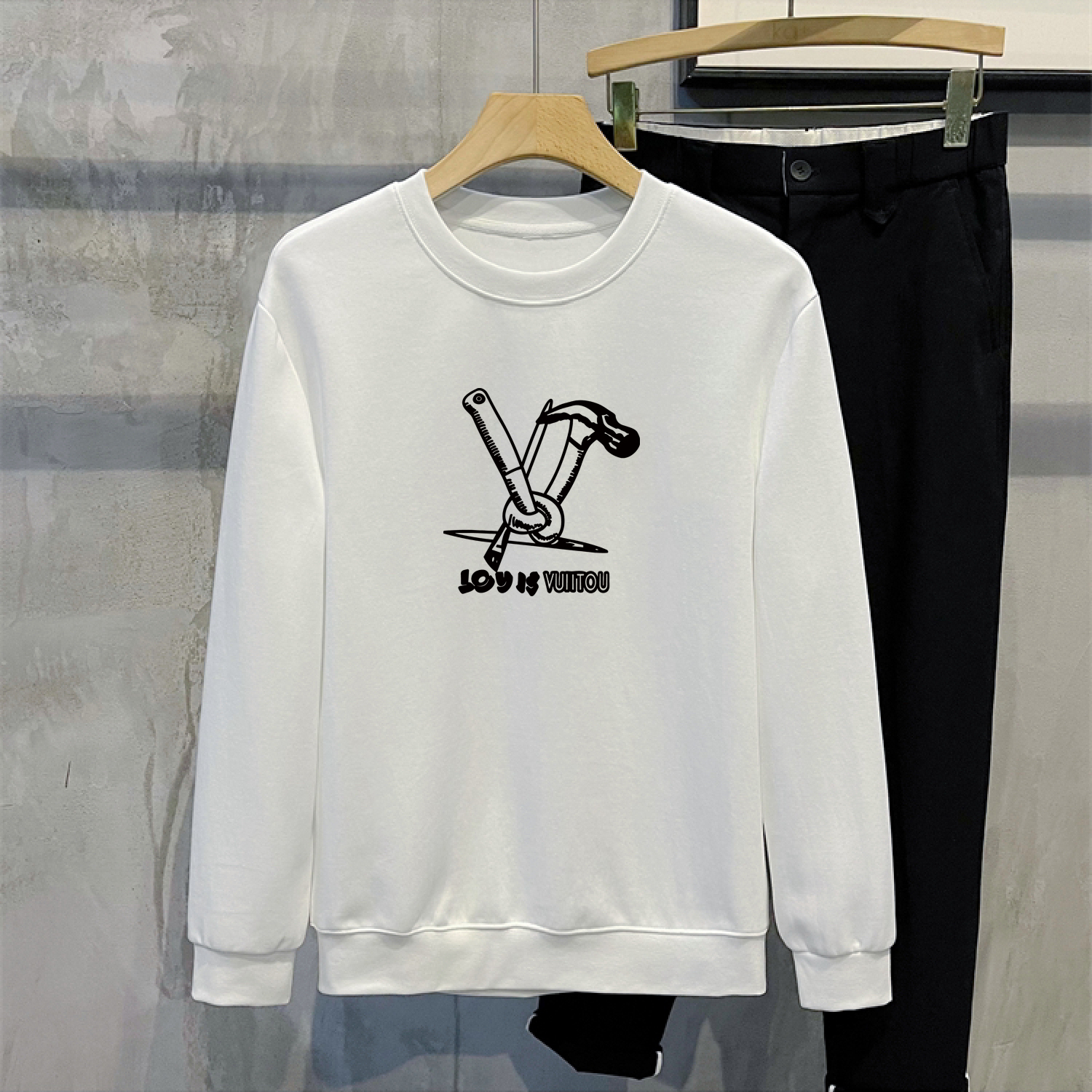 重磅长袖卫衣锤子工具印花秋冬内搭圆领宽松套头百搭打底衫男743