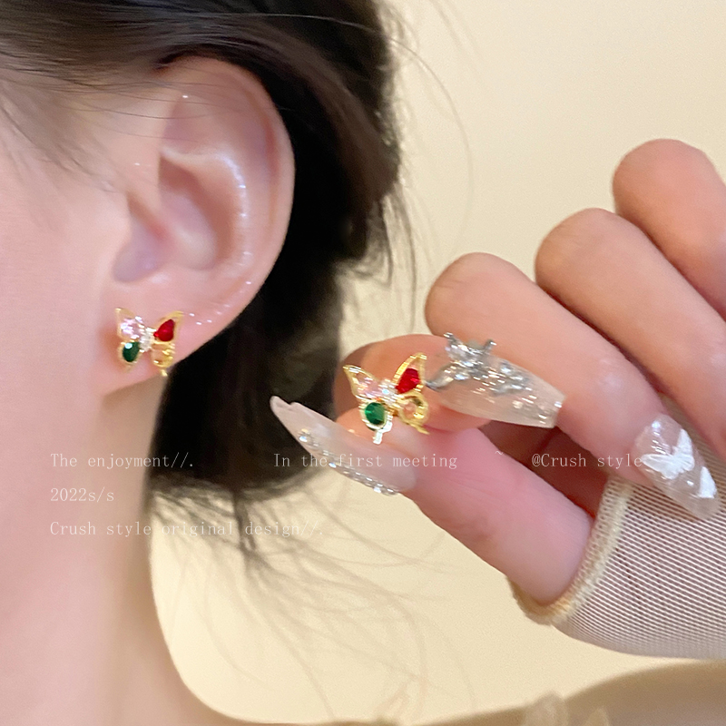 锌合金耳饰 彩色小蝴蝶锆石耳钉女夏季超仙气质耳环精致小巧耳饰