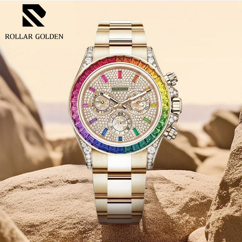 【彩虹迪】经典镶钻多功能奢华镶钻【ROLLAR GOLDEN】全自动机械腕表Q