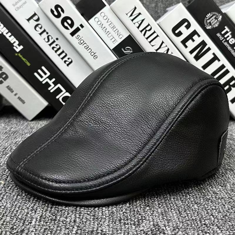 真皮帽子男中老年爸爸头层牛皮贝雷帽保暖鸭舌帽中年秋冬季前进帽