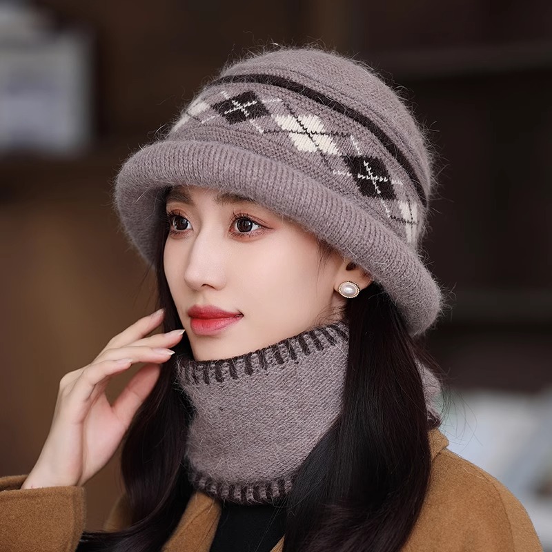 兔毛针织帽女士冬季防寒中老年人毛线帽奶奶保暖围脖套装加绒洋气