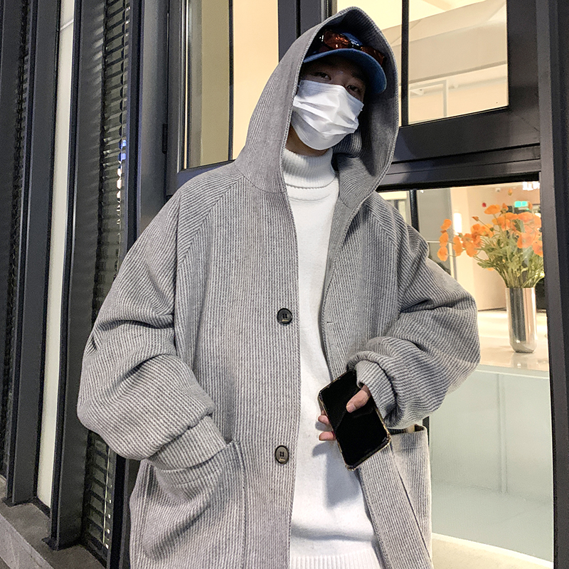 日系复古毛呢连帽风衣外套男秋冬高街潮牌中长款高级痞帅呢子大衣