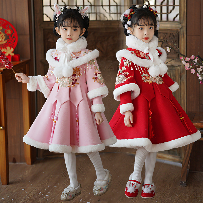 女童拜年服冬款女孩儿童古装加绒中国风唐装宝宝新年装冬季连衣裙