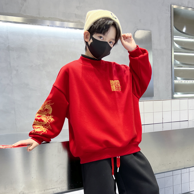 男童卫衣2024新款儿童拜年服加绒加厚上衣中大童男孩新年本命年潮