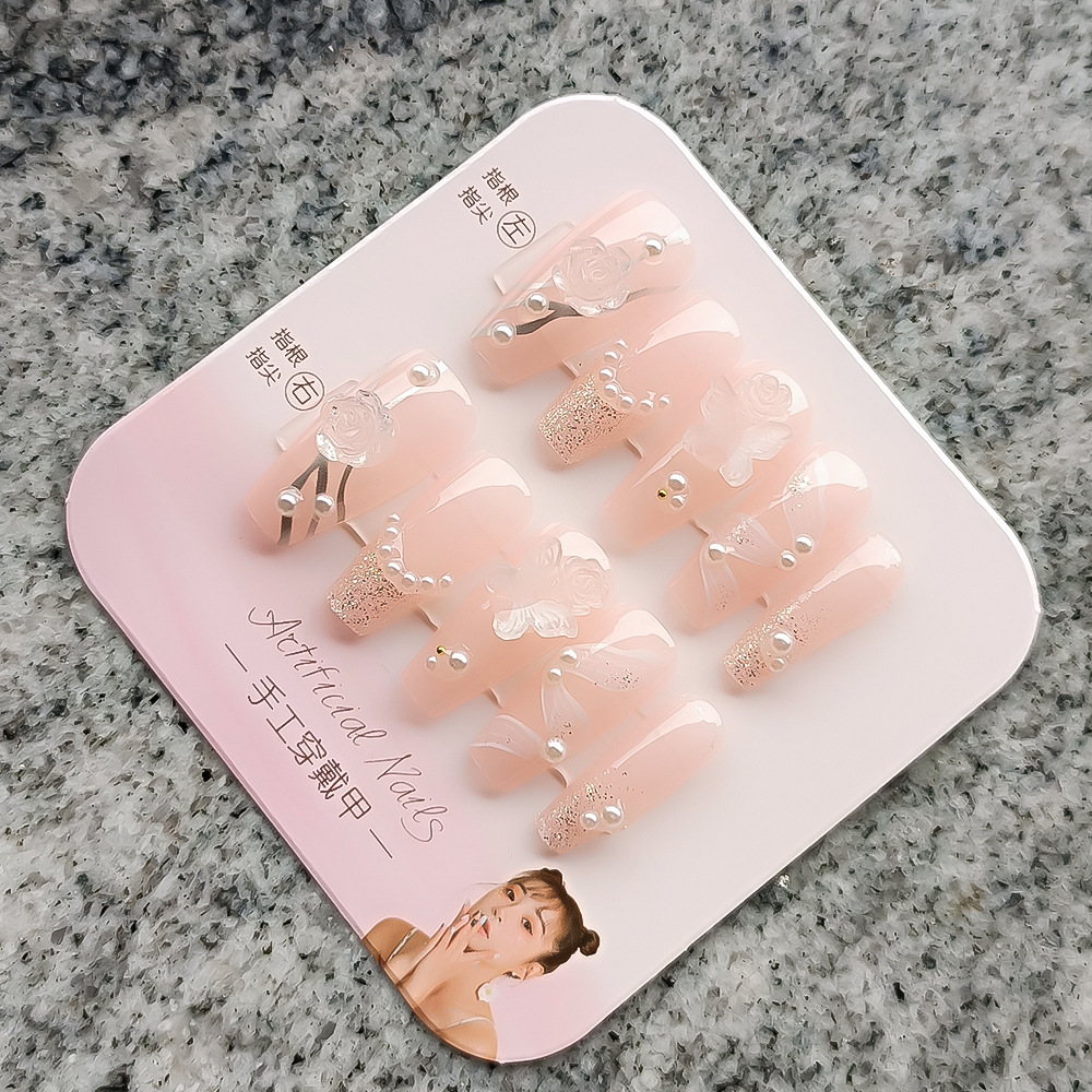 温精灵指甲贴立体山茶花镶钻光疗美甲片珍珠丝带24片纯手工穿戴甲