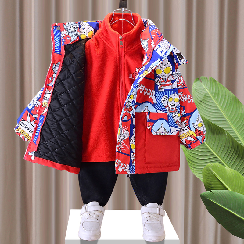 正版奥特曼男童衣服2023新款秋冬三合一冲锋衣可拆卸儿童冬季外套
