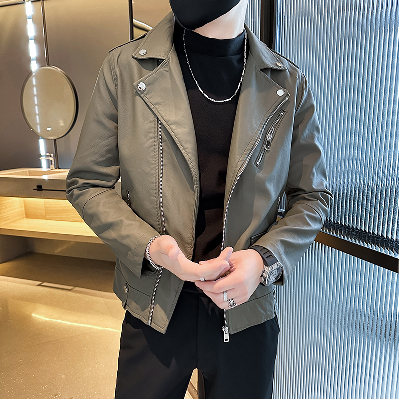 短款韩版机车皮衣外套男春秋季新款潮牌痞帅骑行服修身感翻领夹克