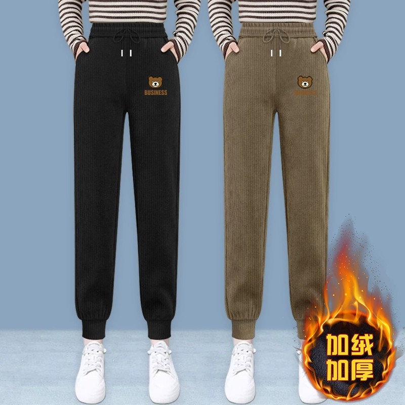小熊刺绣加绒加厚欧棉绒休闲外穿冬季新款百搭保暖休闲裤子长毛绒