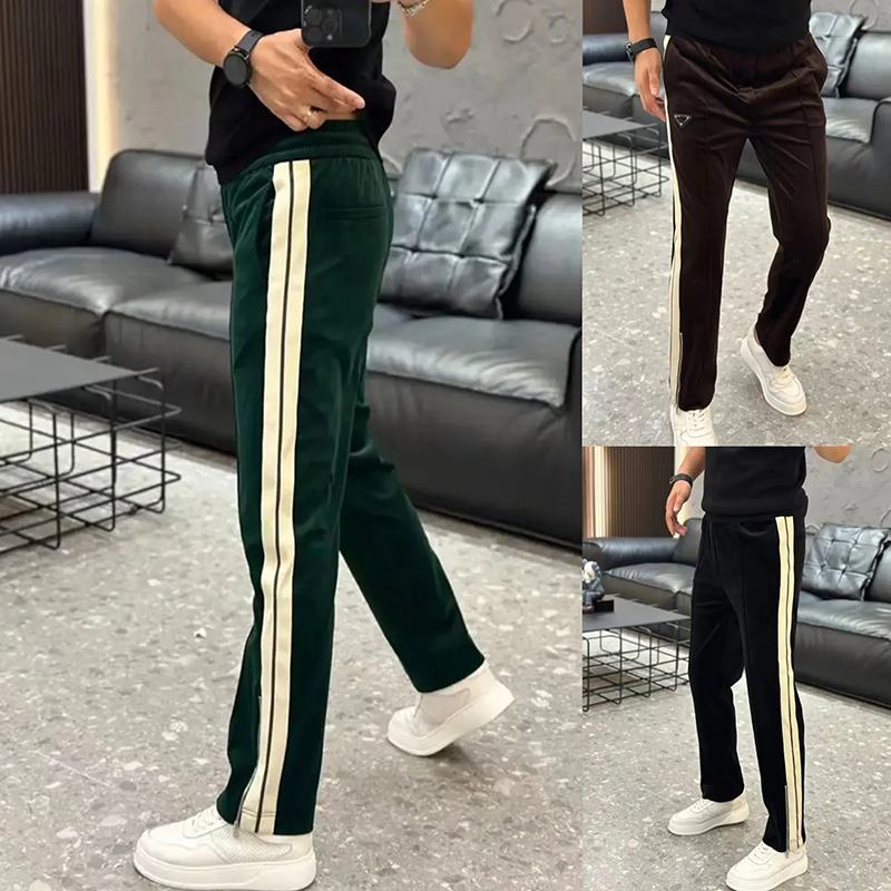 欧货轻奢金丝绒休闲裤男春季新款条纹拼接卫裤时尚百搭中腰阔腿裤
