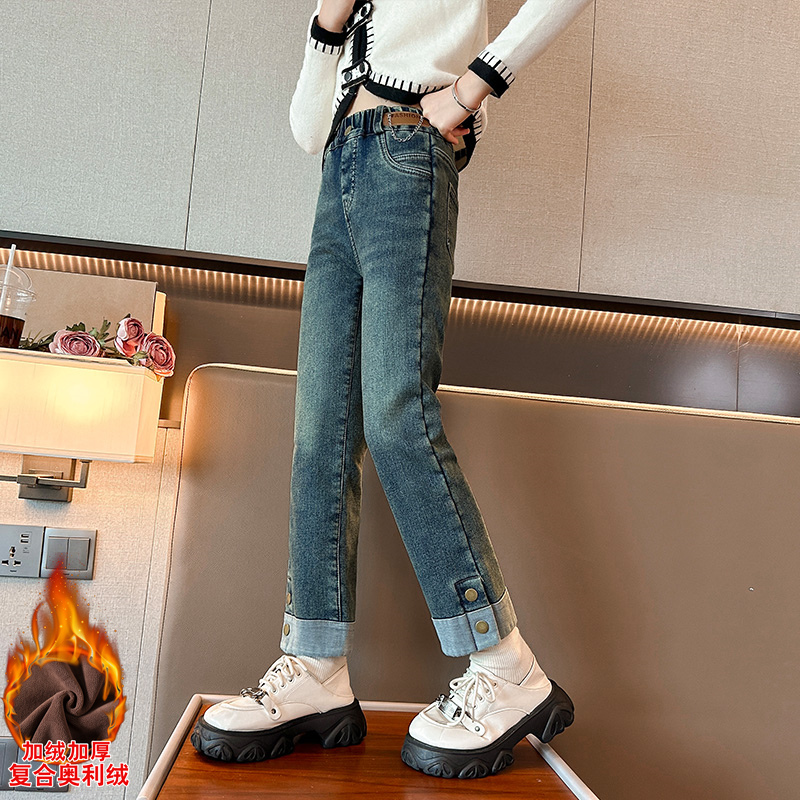 女童裤子加绒秋冬装2023新款洋气中大儿童休闲牛仔长裤加厚烟管裤