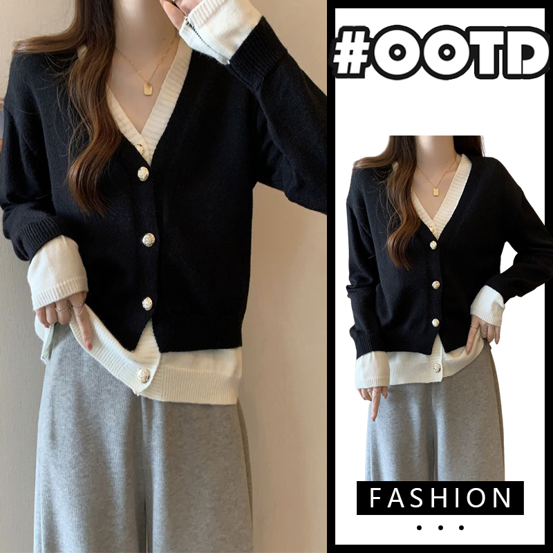 2022新款秋季假两件V领针织毛衣开衫外套女慵懒风设计感小众上衣