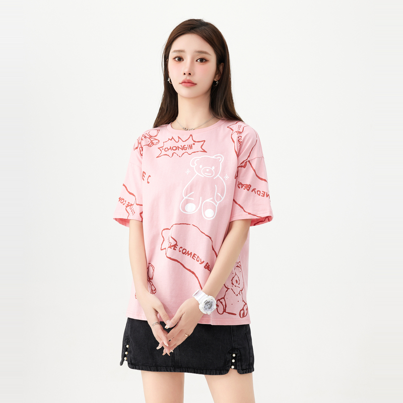 快鱼女2023夏季女士休闲T恤全身满印图案宽松落肩大版上衣13T5003