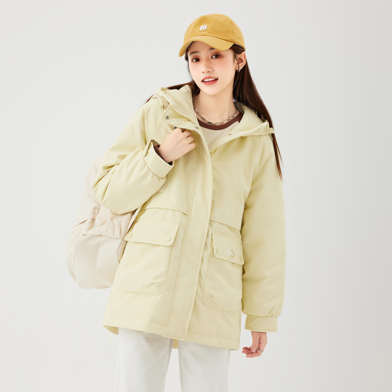 快鱼2022冬新款休闲派克棉服女腰部抽绳韩版连帽长款棉衣12U5003