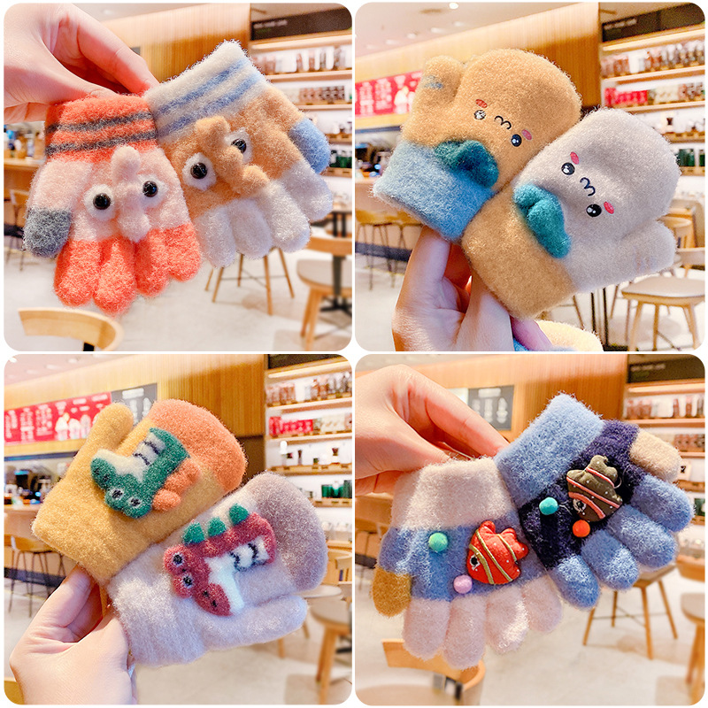秋冬季加厚保暖男女童五指翻盖可爱连指婴儿童手指套宝宝针织手套