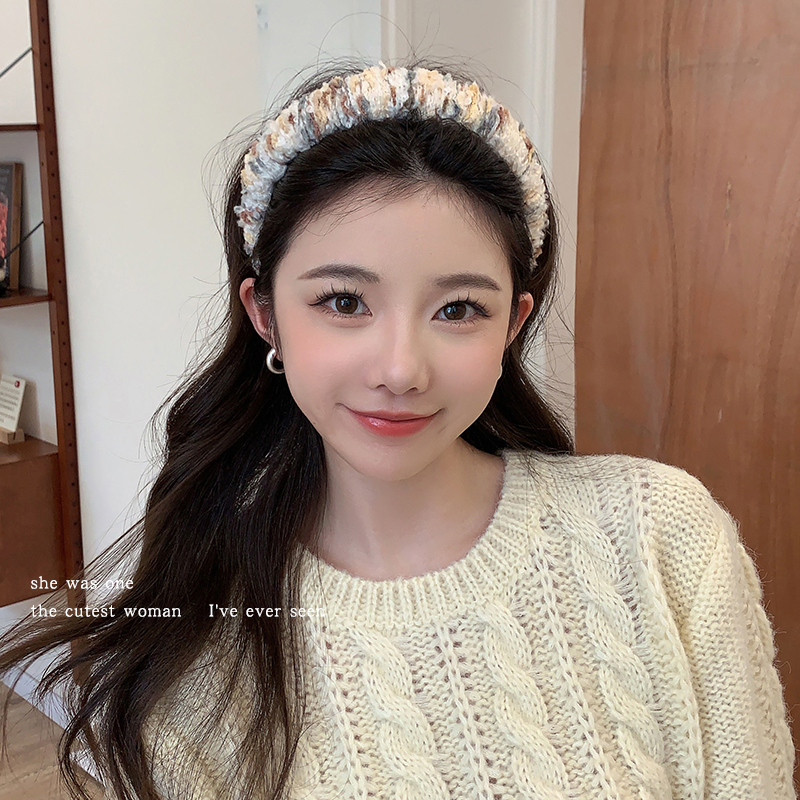 秋冬新款彩色毛线发箍女高颅顶宽边百搭气质网红压发头箍手工发饰