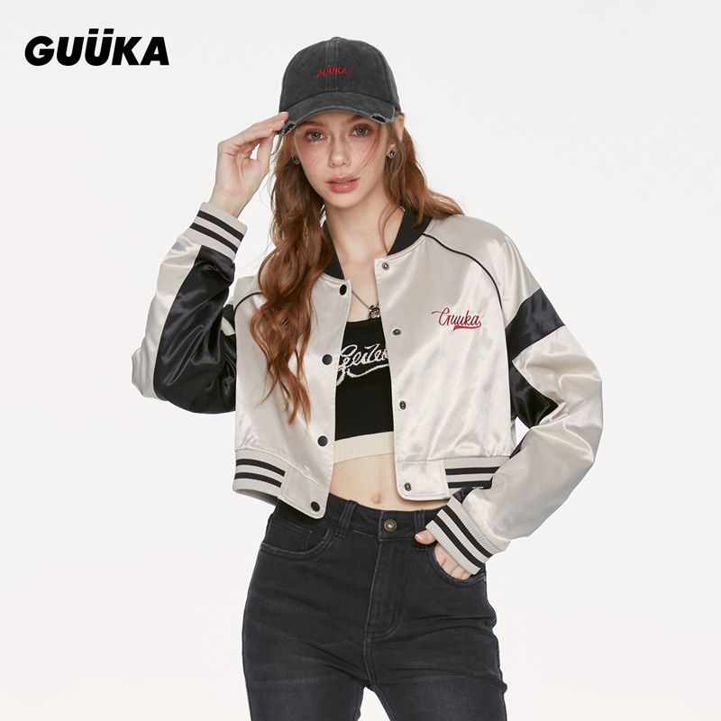 xl/Guuka潮牌浅卡其短款棒球服夹克美式复古外套双色拼接K60152