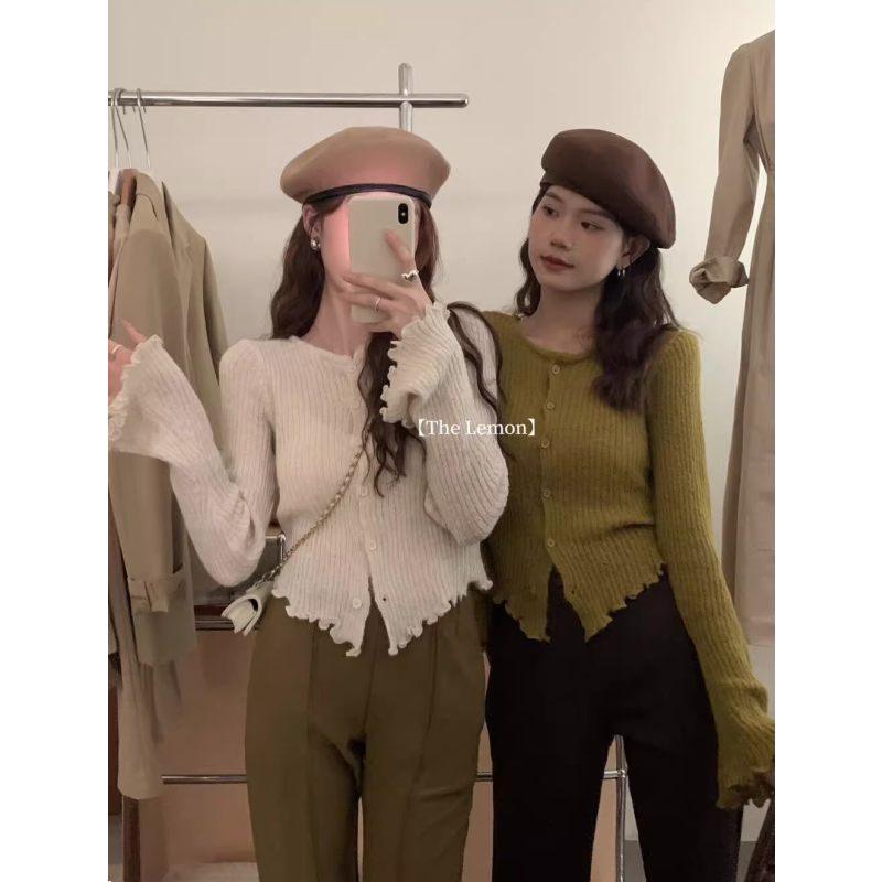 THE LEMON柠檬绿茶韩系简约温柔木耳边显瘦长袖针织开衫女秋上衣