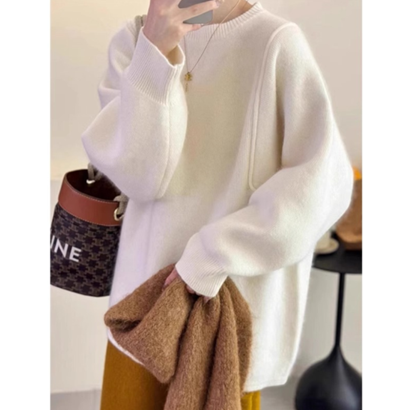 高级感白色韩版毛衣女秋冬款加厚软糯奶fufu慵懒风宽松套头上衣