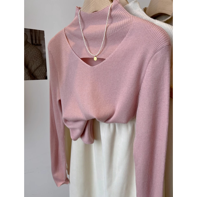 粉色半高领镂空针织上衣修身打底衫女春秋新款内搭高级感中领毛衣