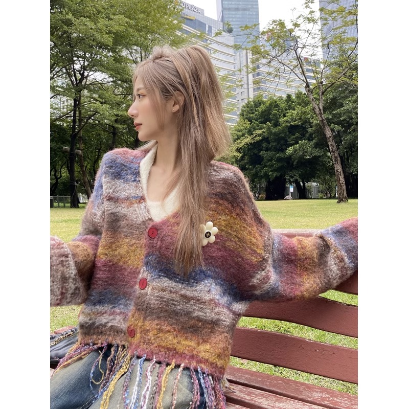条纹v领流苏针织衫开衫外套女韩版宽松短款2023新款秋季撞色上衣