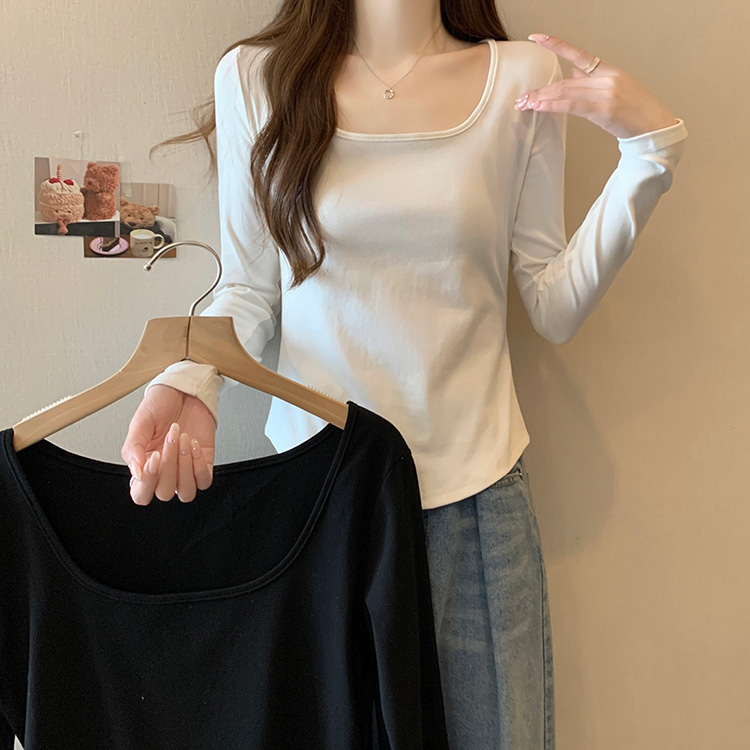 法式方领长袖T恤女春秋设计感正肩褶皱收腰露锁骨短款不规则上衣