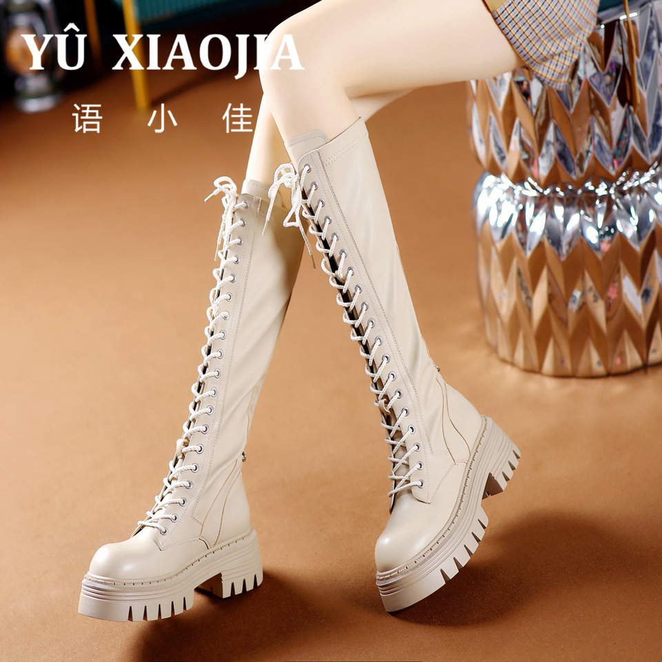 6CM[已经开价]方头系带高跟弹力靴2023秋冬季厚底粗跟长筒靴716-1