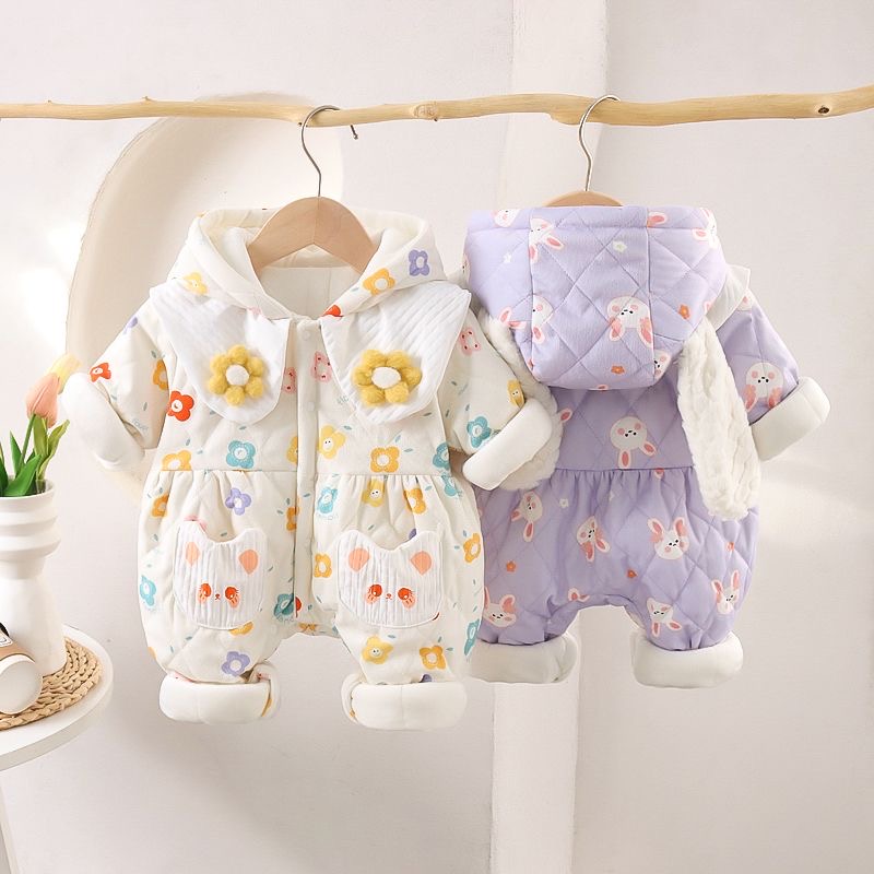 女宝宝秋冬保暖哈衣婴儿新生儿加绒加厚外出服连体衣小童爬服外穿